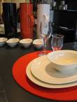 Organic-shaped tabletop is "in"