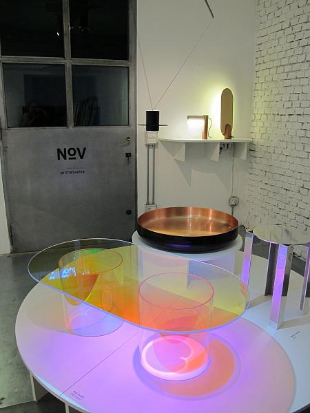 Table by Egli Studio, limited edition of five signed and numbered pieces. Materials: Borosilicate glass and dichroic layered glass
